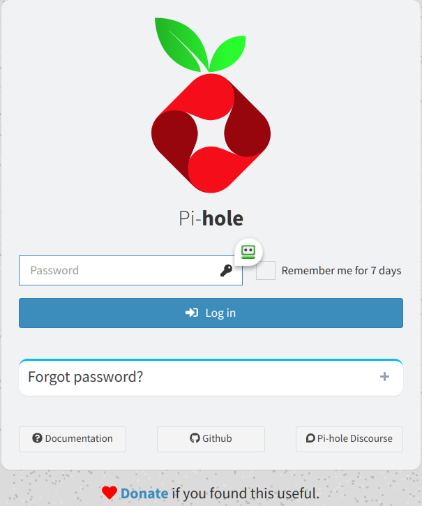 default login-in screen for Pi-Hole