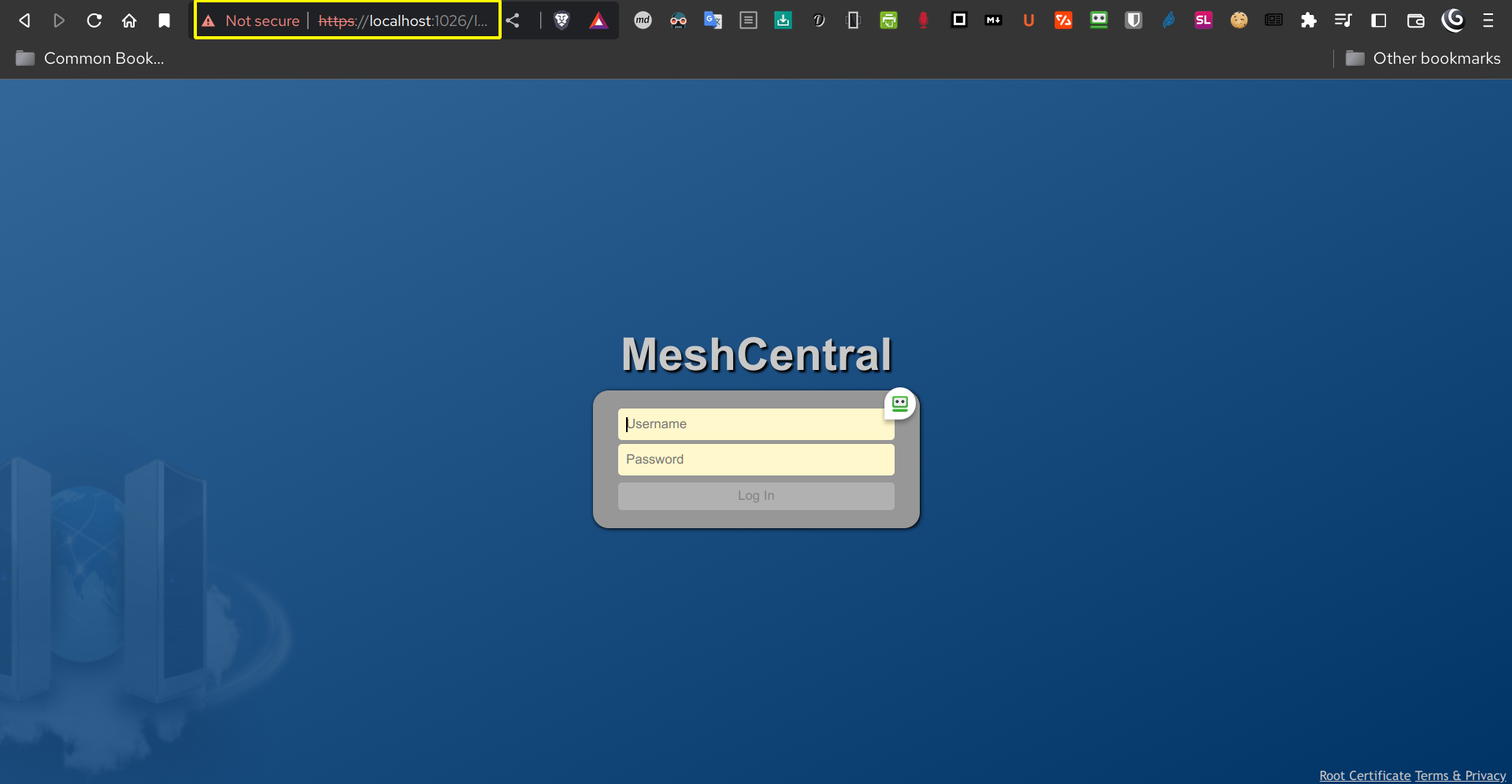meshcentral server login screen